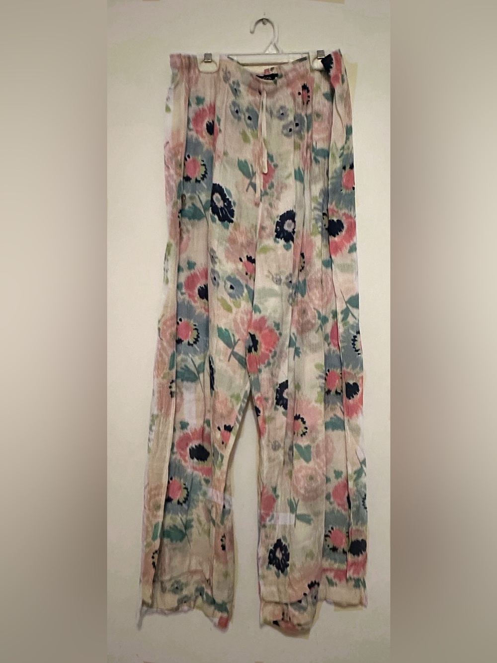 Floral Wide-Leg Pants - Pink, Blue, Green and White